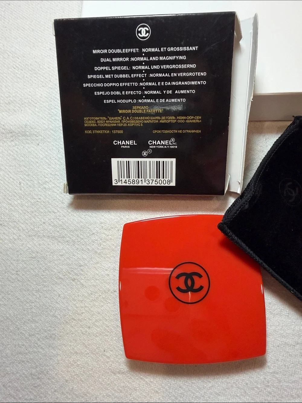 CHANEL Red Gloss Compact Mirror with Black Velvet Pouch